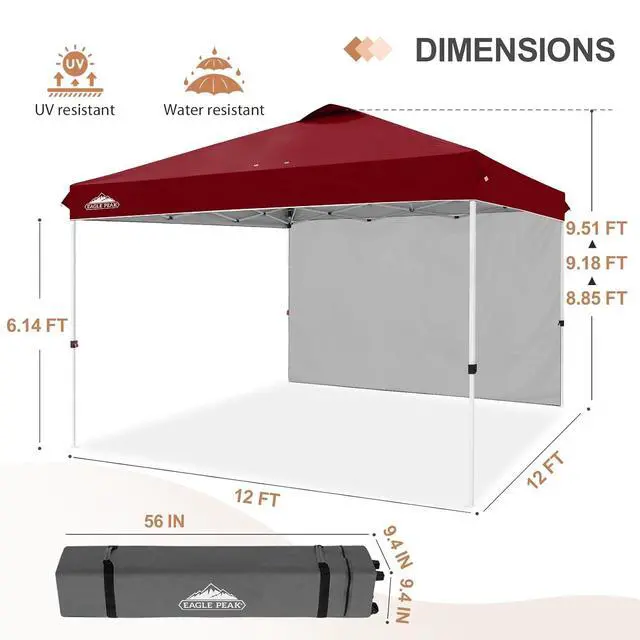 Alt view image 3 of 7 - Commercial Canopy 12x12 Pop Up Canopy Tent with 1 Sidewall, Easy Setup Heavy Duty Instant Event Shelter for Vendors & Markets, Outdoor Sun Shade, Burgundy