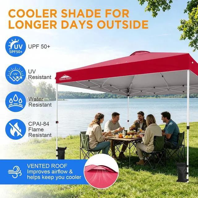 Alt view image 6 of 7 - Pop Up Canopy Tent with Wheeled Carry Bag, 8 Stakes, 4 Ropes, 4 Weight Bags, Easy Set Up Tent Canopy, 12x12 ft, 144sqft of Shade, Red