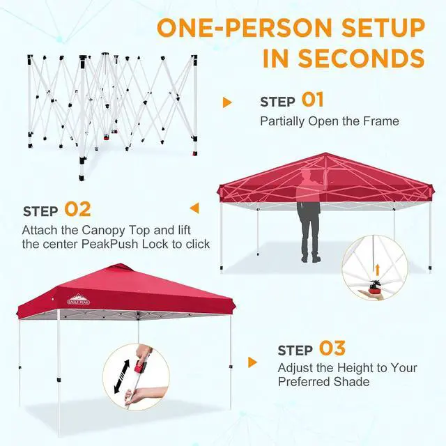 Alt view image 7 of 7 - Pop Up Canopy Tent with Wheeled Carry Bag, 8 Stakes, 4 Ropes, 4 Weight Bags, Easy Set Up Tent Canopy, 12x12 ft, 144sqft of Shade, Red