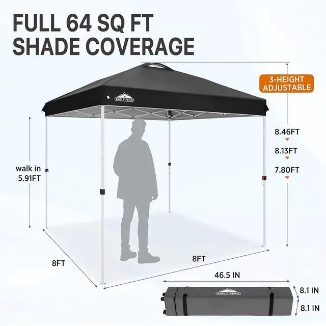 Alt view image 3 of 7 - Pop Up Canopy Tent with Wheeled Carry Bag, 8 Stakes, 4 Ropes, Easy Set Up Tent Canopy, 8x8 ft, Black