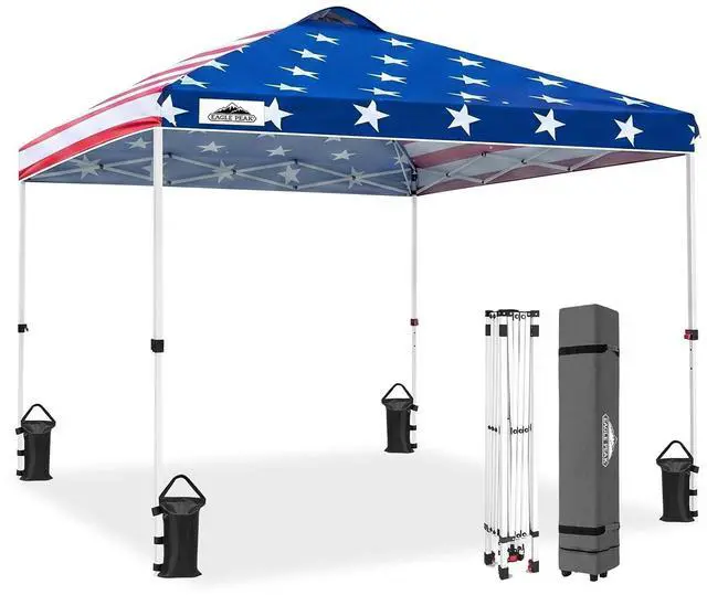 Main image of Pop Up Canopy Tent with Wheeled Carry Bag, 8 Stakes, 4 Ropes, 4 Weight Bags, Easy Set Up Tent Canopy, 10x10 ft, 100sqft of Shade, American Flag