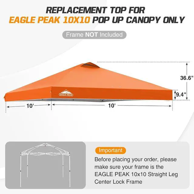 Alt view image 2 of 7 - Replacement Canopy Top for Eagle Peak 10x10 Straight Leg Pop Up Canopy Frame Only, Canopy Cover with Air Vent, UPF 50+, Frame NOT Included, Orange