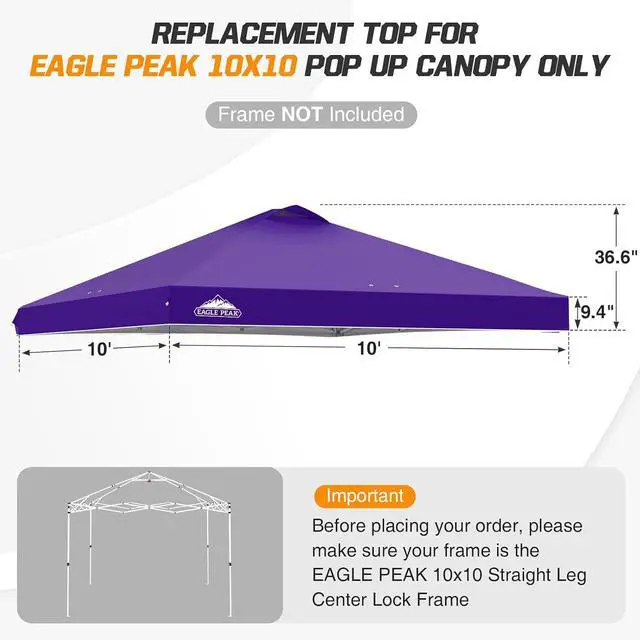Alt view image 2 of 7 - Replacement Canopy Top for Eagle Peak 10x10 Straight Leg Pop Up Canopy Frame Only, Canopy Cover with Air Vent, UPF 50+, Frame NOT Included, Purple