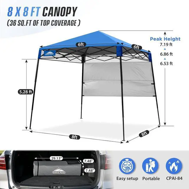 Alt view image 3 of 7 - 8x8 Pop Up Canopy Tent with Sidewall, Compact, Portable Slant Leg Instant Sun Shelter for Beach, Sports, & Camping, 8x8 Base 6x6 Top, Blue