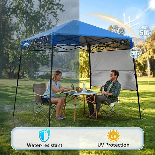 Alt view image 4 of 7 - 8x8 Pop Up Canopy Tent with Sidewall, Compact, Portable Slant Leg Instant Sun Shelter for Beach, Sports, & Camping, 8x8 Base 6x6 Top, Blue