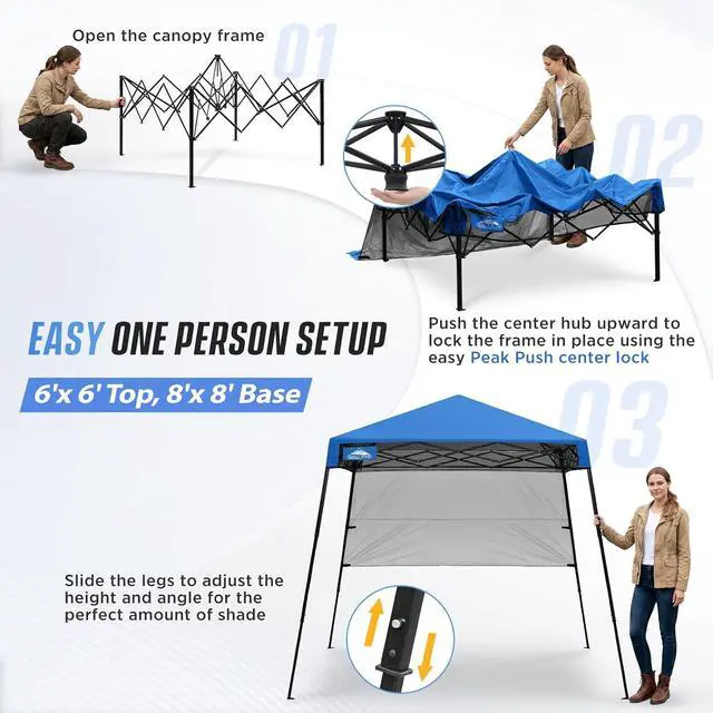 Alt view image 6 of 7 - 8x8 Pop Up Canopy Tent with Sidewall, Compact, Portable Slant Leg Instant Sun Shelter for Beach, Sports, & Camping, 8x8 Base 6x6 Top, Blue