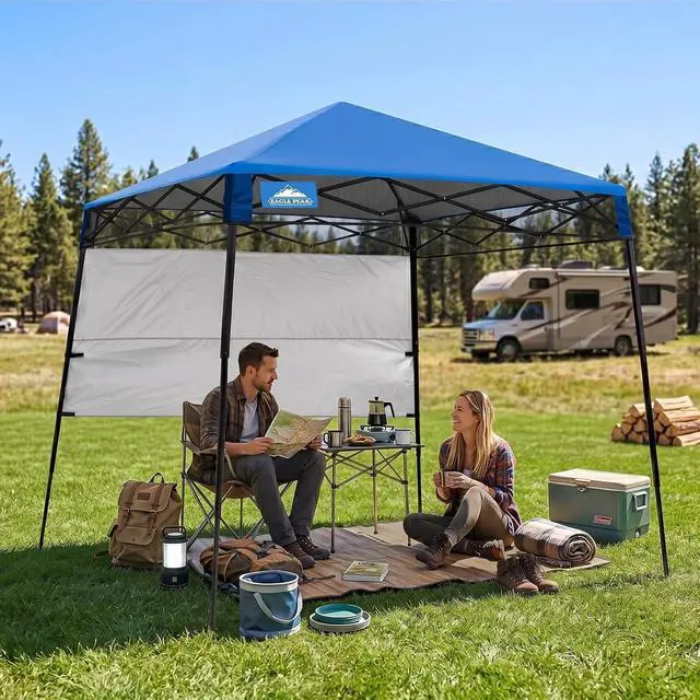 Alt view image 5 of 7 - 8x8 Pop Up Canopy Tent with Sidewall, Compact, Portable Slant Leg Instant Sun Shelter for Beach, Sports, & Camping, 8x8 Base 6x6 Top, Blue