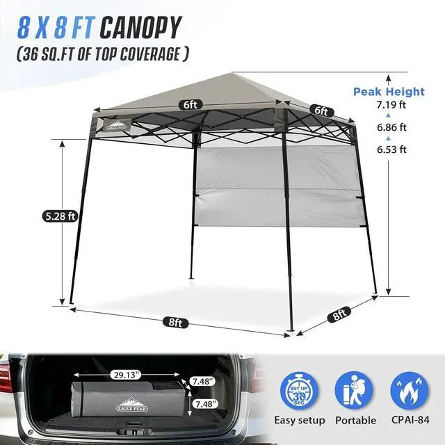 Alt view image 3 of 7 - 8x8 Pop Up Canopy Tent with Sidewall, Compact, Portable Slant Leg Instant Sun Shelter for Beach, Sports, & Camping, 8x8 Base 6x6 Top, Light Brown