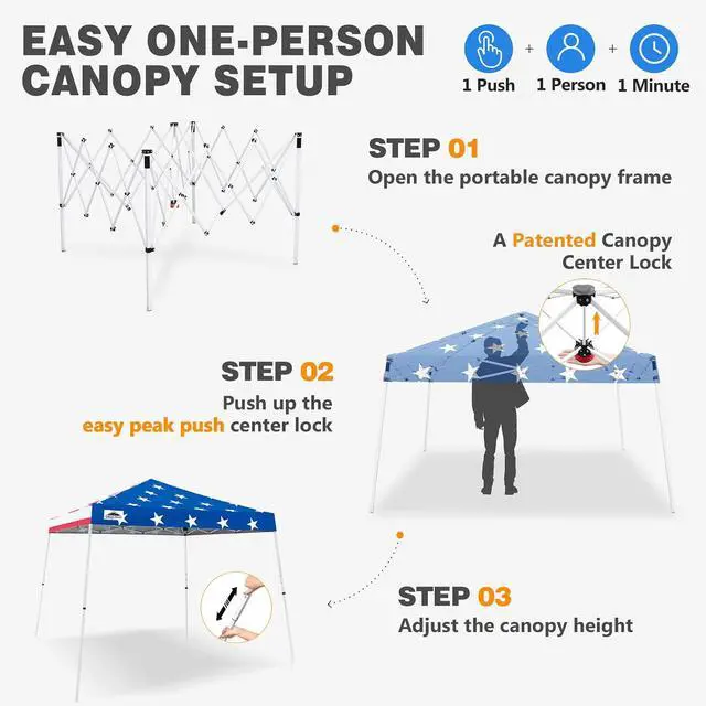 Alt view image 6 of 7 - 10x10 Slant Leg Pop-up Canopy Tent Easy One Person Setup Instant Outdoor Beach Canopy Folding Portable Sports Shelter 10x10 Base 8x8 Top (American Flag)
