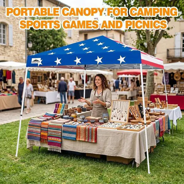 Alt view image 5 of 7 - 10x10 Slant Leg Pop-up Canopy Tent Easy One Person Setup Instant Outdoor Beach Canopy Folding Portable Sports Shelter 10x10 Base 8x8 Top (American Flag)