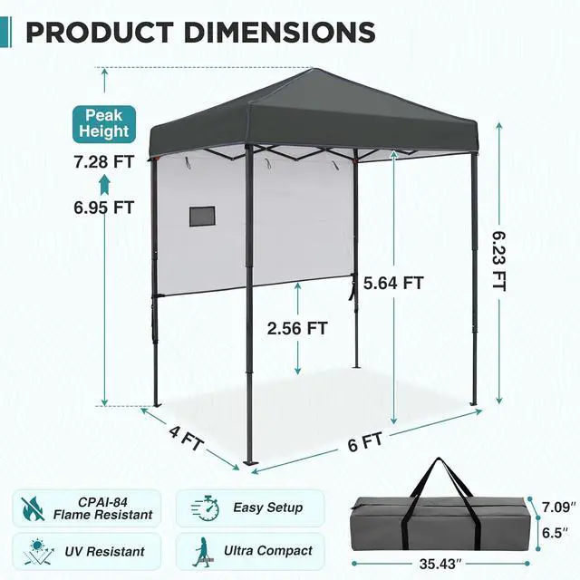 Alt view image 3 of 7 - 6x4 Instant Pop Up Canopy Tent with 1 Half Wall Panel, Straight Leg Sun Shelter, Portable Canopy with Carry Bag for Camping, Beach & Sports, Dark Gray