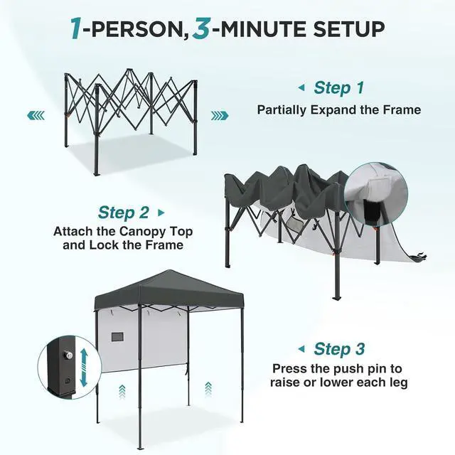 Alt view image 2 of 7 - 6x4 Instant Pop Up Canopy Tent with 1 Half Wall Panel, Straight Leg Sun Shelter, Portable Canopy with Carry Bag for Camping, Beach & Sports, Dark Gray