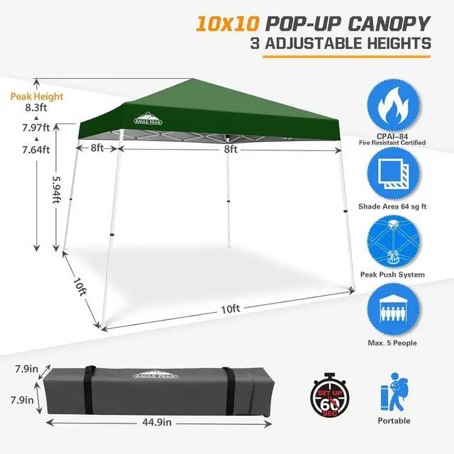 Alt view image 3 of 7 - 10x10 Slant Leg Pop-up Canopy Tent Easy One Person Setup Instant Outdoor Beach Canopy Folding Portable Sports Shelter 10x10 Base 8x8 Top (Green)