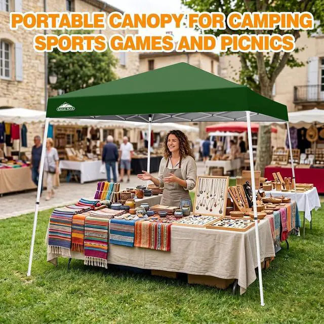 Alt view image 6 of 7 - 10x10 Slant Leg Pop-up Canopy Tent Easy One Person Setup Instant Outdoor Beach Canopy Folding Portable Sports Shelter 10x10 Base 8x8 Top (Green)