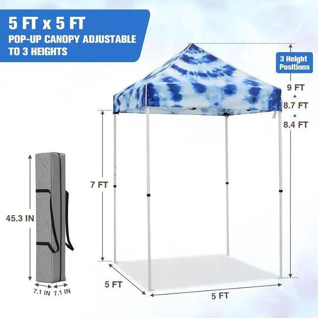 Alt view image 3 of 7 - 5x5 Pop Up Canopy Tent Instant Outdoor Canopy Easy Set-up Straight Leg Folding Shelter, Tie Dye Blue