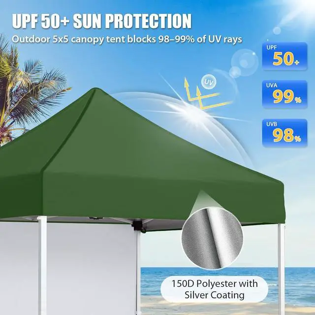 Alt view image 2 of 7 - Pop up Canopy 5x5, Outdoor Portable Canopy Tent with One Removable Sunwall, Carry Bag Included, Green