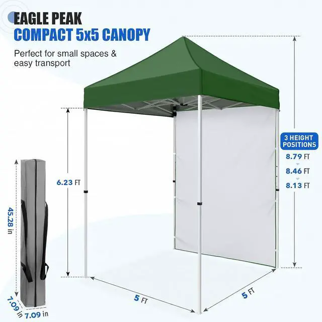 Alt view image 3 of 7 - Pop up Canopy 5x5, Outdoor Portable Canopy Tent with One Removable Sunwall, Carry Bag Included, Green
