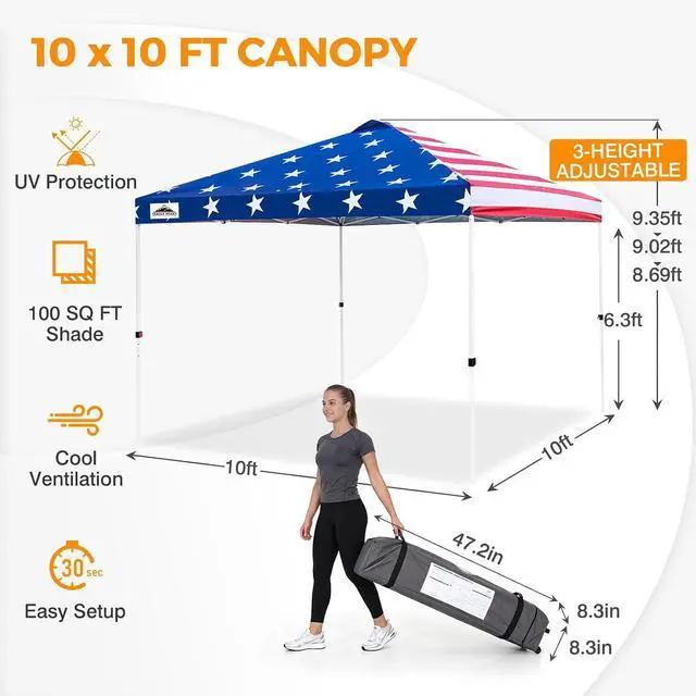 Alt view image 3 of 7 - Pop Up Canopy Tent with Wheeled Carry Bag, 8 Stakes, 4 Ropes, 4 Weight Bags, Easy Set Up Tent Canopy, 10x10 ft, 100sqft of Shade, American Flag