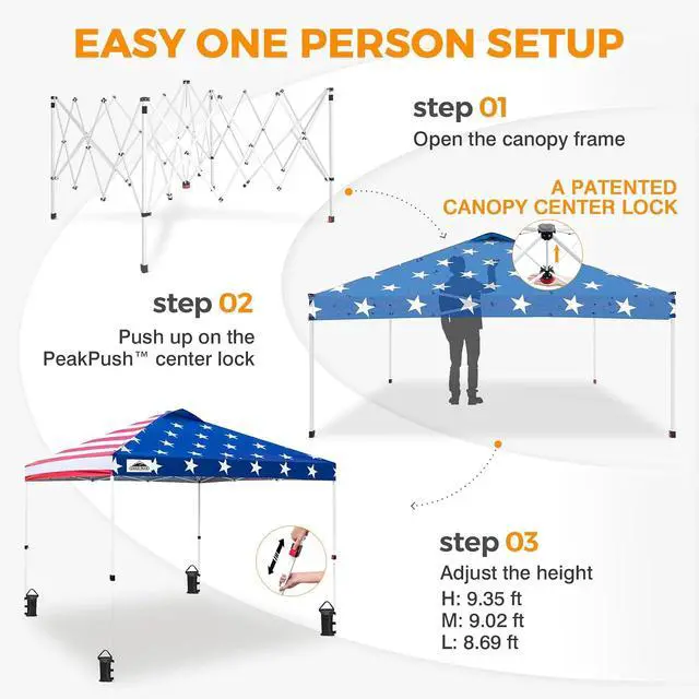 Alt view image 6 of 7 - Pop Up Canopy Tent with Wheeled Carry Bag, 8 Stakes, 4 Ropes, 4 Weight Bags, Easy Set Up Tent Canopy, 10x10 ft, 100sqft of Shade, American Flag