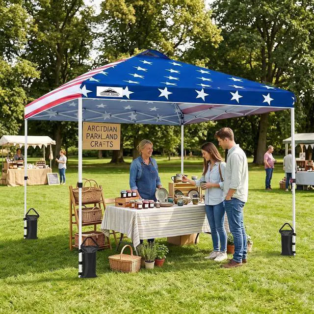 Alt view image 5 of 7 - Pop Up Canopy Tent with Wheeled Carry Bag, 8 Stakes, 4 Ropes, 4 Weight Bags, Easy Set Up Tent Canopy, 10x10 ft, 100sqft of Shade, American Flag