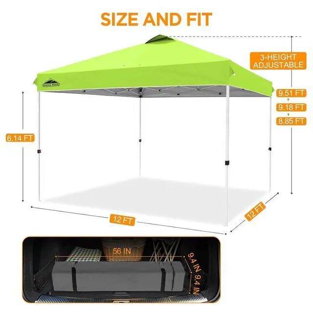Alt view image 3 of 7 - Pop Up Canopy Tent with Wheeled Carry Bag, 8 Stakes, 4 Ropes, 4 Weight Bags, Easy Set Up Tent Canopy, 12x12 ft, 144sqft of Shade, Neon Green