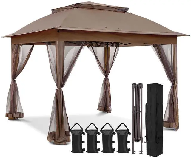 Main image of 11x11 Pop Up Canopy Tent with Mosquito Netting Screen Tent, Auto Extending Eaves 169 Sq Ft of Shade, Easy One-Person Setup Screened Gazebo for Backyard and Patio, Brown