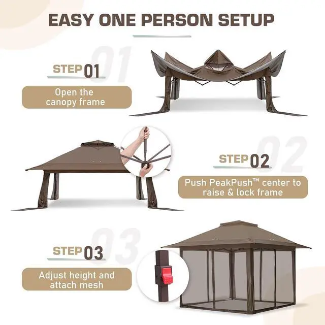 Alt view image 7 of 7 - 13x13 Pop Up Canopy Tent with Mosquito Netting Screen Tent, Auto Extending Eaves 169 Sq Ft of Shade, Easy One-Person Setup Screened Gazebo for Backyard and Patio, Brown