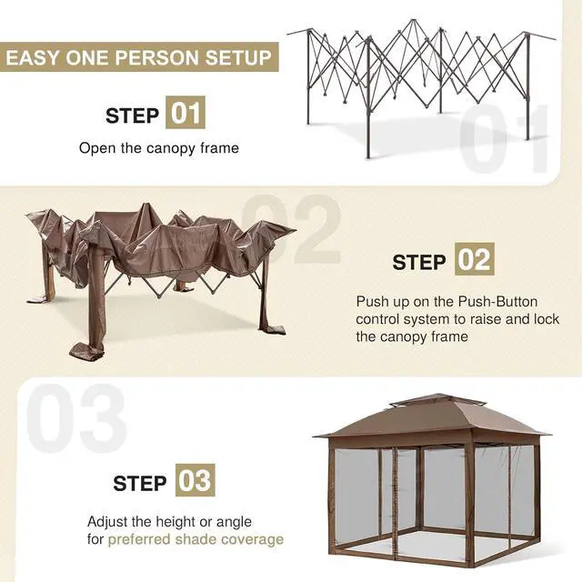 Alt view image 2 of 7 - 11x11 Pop Up Canopy Tent with Mosquito Netting Screen Tent, Auto Extending Eaves 169 Sq Ft of Shade, Easy One-Person Setup Screened Gazebo for Backyard and Patio, Brown