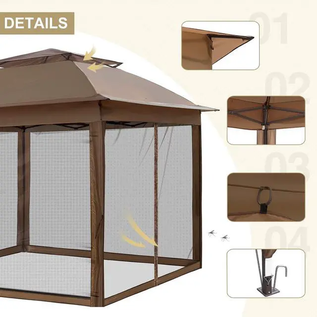 Alt view image 3 of 7 - 11x11 Pop Up Canopy Tent with Mosquito Netting Screen Tent, Auto Extending Eaves 169 Sq Ft of Shade, Easy One-Person Setup Screened Gazebo for Backyard and Patio, Brown
