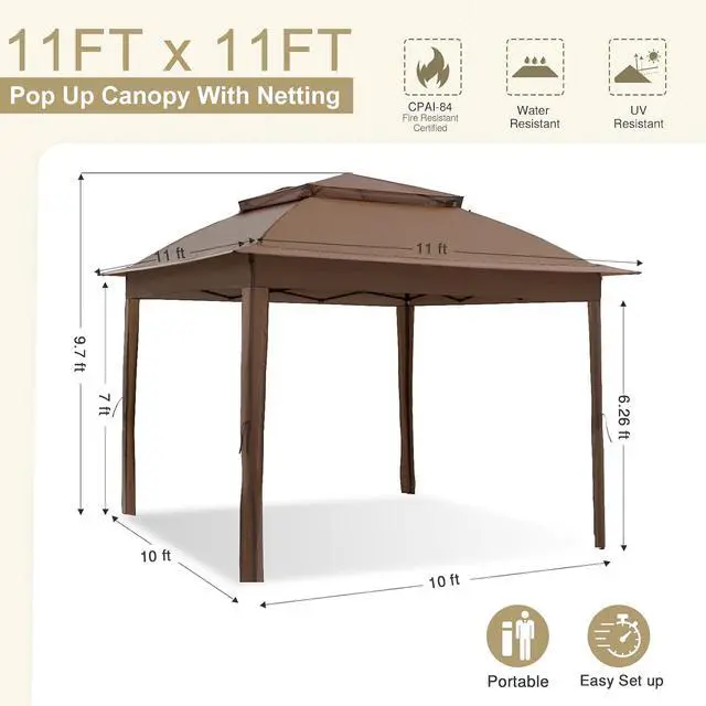 Alt view image 4 of 7 - 11x11 Pop Up Canopy Tent with Mosquito Netting Screen Tent, Auto Extending Eaves 169 Sq Ft of Shade, Easy One-Person Setup Screened Gazebo for Backyard and Patio, Brown