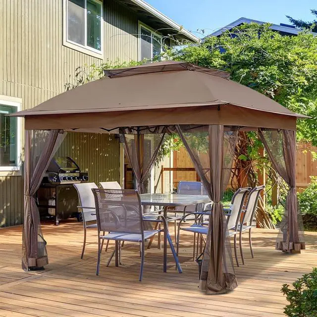 Alt view image 5 of 7 - 11x11 Pop Up Canopy Tent with Mosquito Netting Screen Tent, Auto Extending Eaves 169 Sq Ft of Shade, Easy One-Person Setup Screened Gazebo for Backyard and Patio, Brown