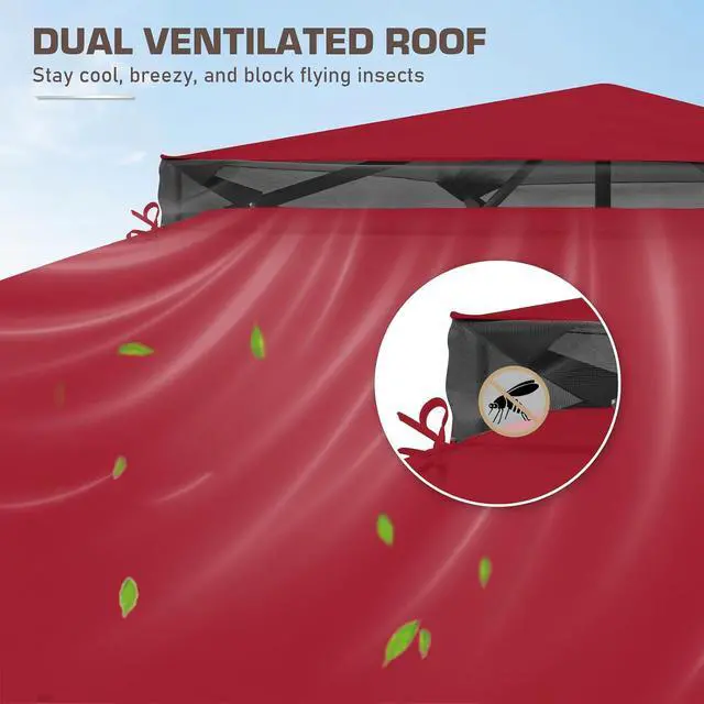 Alt view image 2 of 7 - 13x13 Pop Up Canopy Tent with Mosquito Netting Screen Tent, Auto Extending Eaves 169 Sq Ft of Shade, Easy One-Person Setup Screened Gazebo for Backyard and Patio, Red