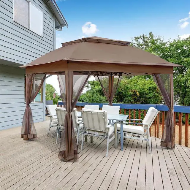 Alt view image 7 of 7 - 11x11 Pop Up Canopy Tent with Mosquito Netting Screen Tent, Auto Extending Eaves 169 Sq Ft of Shade, Easy One-Person Setup Screened Gazebo for Backyard and Patio, Brown