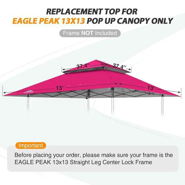 Alt view image 3 of 7 - Replacement Canopy Top for Eagle Peak 13x13 Straight Leg Pop Up Canopy Frame Only, Canopy Cover with Two Tier Air Vent, UPF 50+, Frame NOT Included, Dark Pink