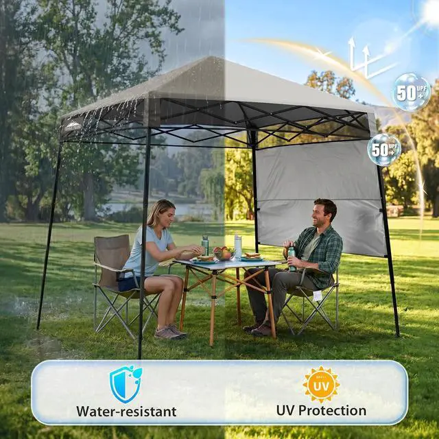 Alt view image 4 of 7 - 8x8 Pop Up Canopy Tent with Sidewall, Compact, Portable Slant Leg Instant Sun Shelter for Beach, Sports, & Camping, 8x8 Base 6x6 Top, Light Brown