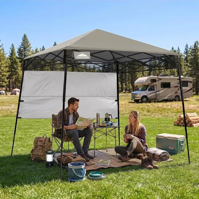 Alt view image 5 of 7 - 8x8 Pop Up Canopy Tent with Sidewall, Compact, Portable Slant Leg Instant Sun Shelter for Beach, Sports, & Camping, 8x8 Base 6x6 Top, Light Brown