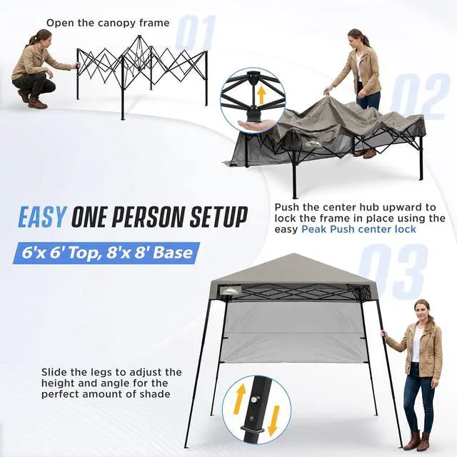Alt view image 6 of 7 - 8x8 Pop Up Canopy Tent with Sidewall, Compact, Portable Slant Leg Instant Sun Shelter for Beach, Sports, & Camping, 8x8 Base 6x6 Top, Light Brown