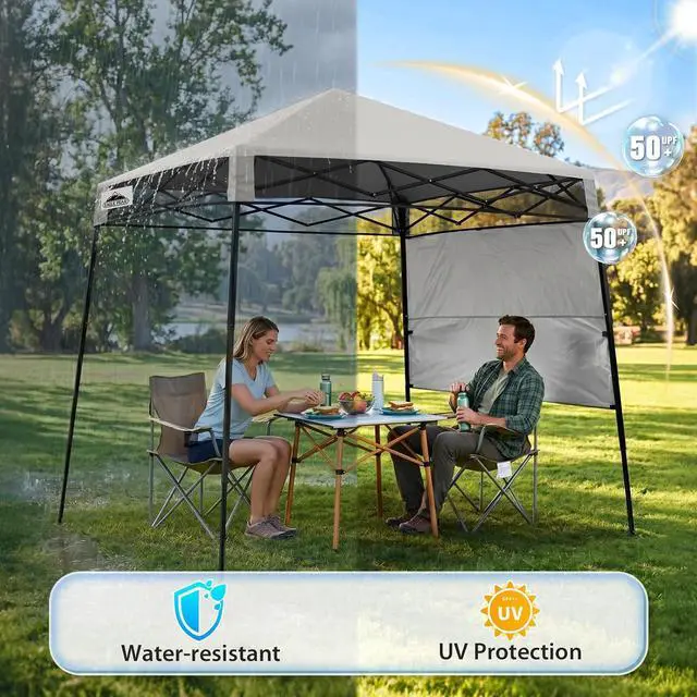 Alt view image 4 of 7 - 8x8 Pop Up Canopy Tent with Sidewall, Compact, Portable Slant Leg Instant Sun Shelter for Beach, Sports, & Camping, 8x8 Base 6x6 Top, Offwhite