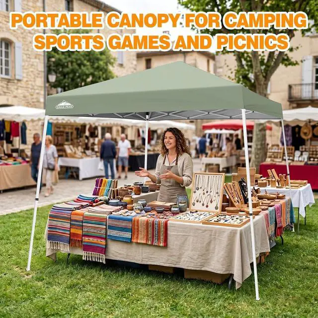 Alt view image 5 of 7 - 10x10 Slant Leg Pop-up Canopy Tent Easy One Person Setup Instant Outdoor Beach Canopy Folding Portable Sports Shelter 10x10 Base 8x8 Top (Sage Green)