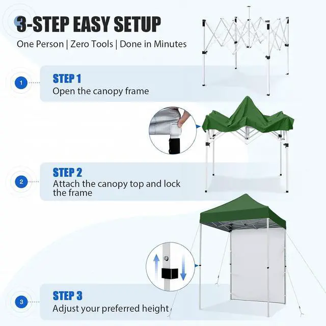 Alt view image 7 of 7 - Pop up Canopy 5x5, Outdoor Portable Canopy Tent with One Removable Sunwall, Carry Bag Included, Green