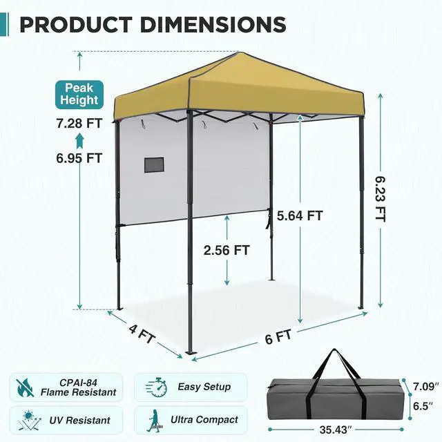 Alt view image 3 of 7 - 6x4 Instant Pop Up Canopy Tent with 1 Half Wall Panel, Straight Leg Sun Shelter, Portable Canopy with Carry Bag for Camping, Beach & Sports, Beige