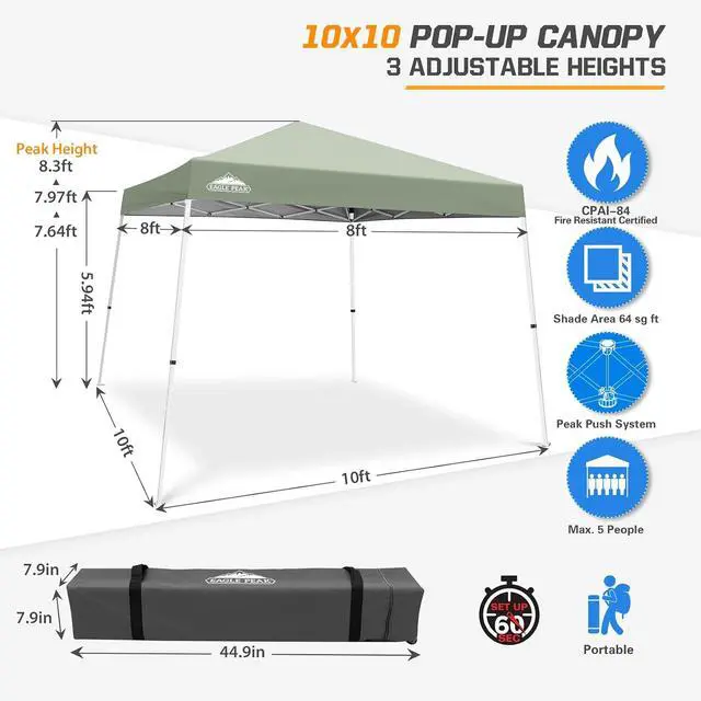 Alt view image 3 of 7 - 10x10 Slant Leg Pop-up Canopy Tent Easy One Person Setup Instant Outdoor Beach Canopy Folding Portable Sports Shelter 10x10 Base 8x8 Top (Sage Green)
