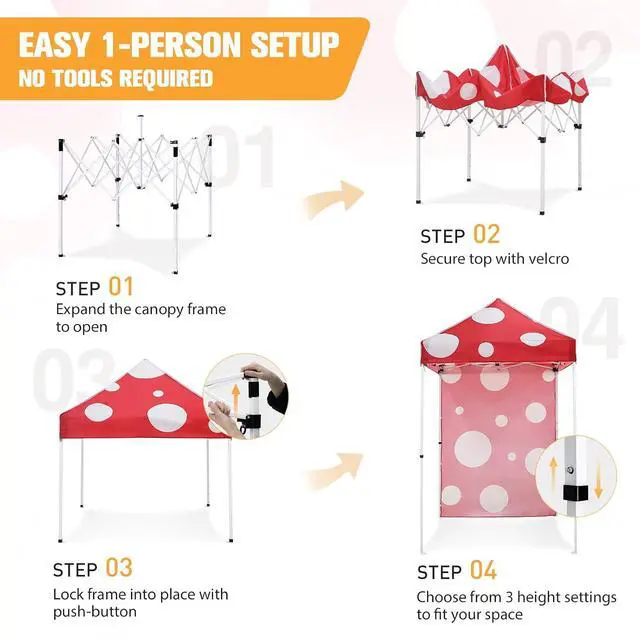 Alt view image 4 of 7 - Pop up Canopy 5x5, Outdoor Portable Canopy Tent with One Removable Sunwall, Carry Bag Included, Red Mushroom