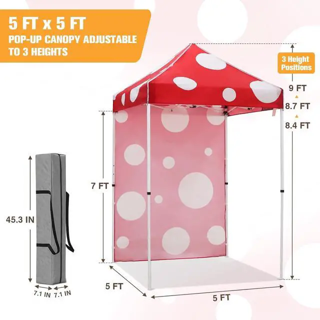 Alt view image 3 of 7 - Pop up Canopy 5x5, Outdoor Portable Canopy Tent with One Removable Sunwall, Carry Bag Included, Red Mushroom
