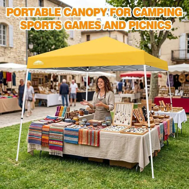 Alt view image 5 of 7 - 10x10 Slant Leg Pop-up Canopy Tent Easy One Person Setup Instant Outdoor Beach Canopy Folding Portable Sports Shelter 10x10 Base 8x8 Top (Yellow)