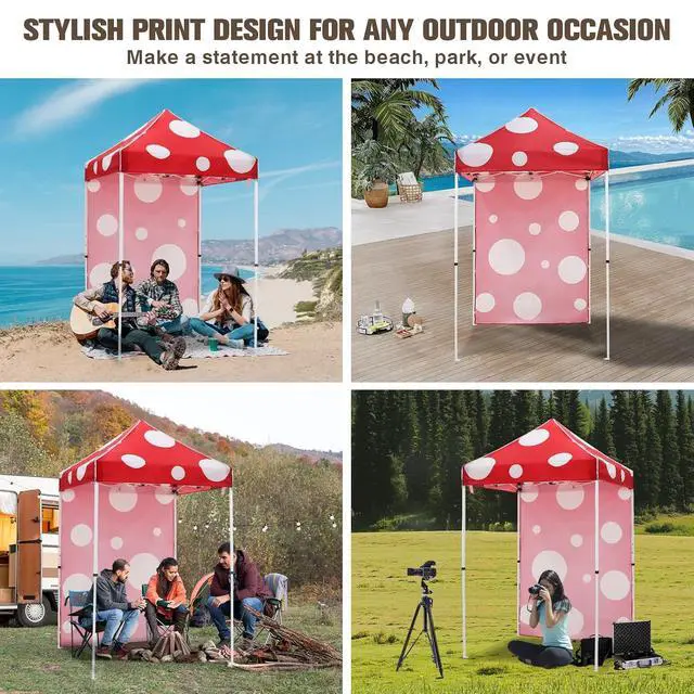 Alt view image 5 of 7 - Pop up Canopy 5x5, Outdoor Portable Canopy Tent with One Removable Sunwall, Carry Bag Included, Red Mushroom
