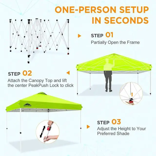 Alt view image 7 of 7 - Pop Up Canopy Tent with Wheeled Carry Bag, 8 Stakes, 4 Ropes, 4 Weight Bags, Easy Set Up Tent Canopy, 12x12 ft, 144sqft of Shade, Neon Green