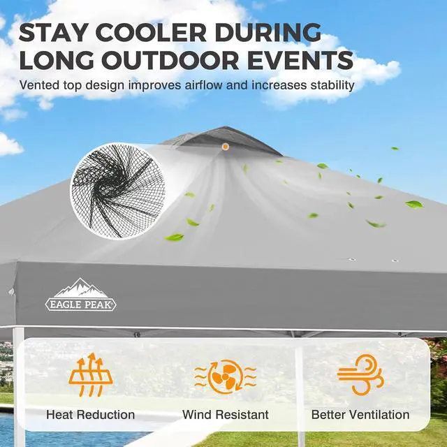Alt view image 2 of 7 - Pop Up Canopy Tent with Wheeled Carry Bag, 8 Stakes, 4 Ropes, 4 Weight Bags, Easy Set Up Tent Canopy, 10x10 ft, 100sqft of Shade, Light Gray