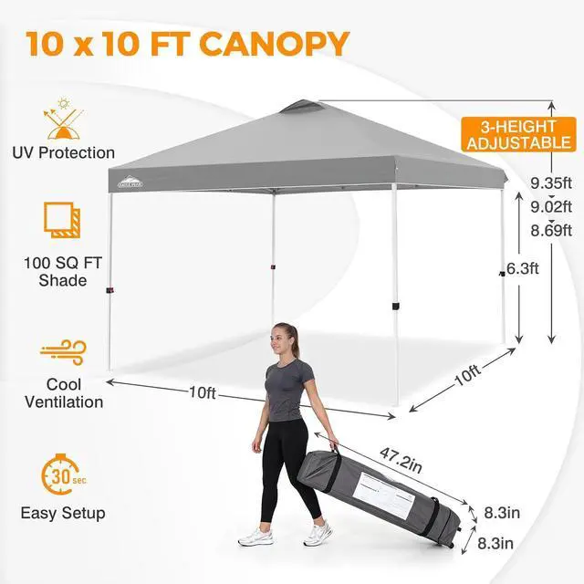 Alt view image 3 of 7 - Pop Up Canopy Tent with Wheeled Carry Bag, 8 Stakes, 4 Ropes, 4 Weight Bags, Easy Set Up Tent Canopy, 10x10 ft, 100sqft of Shade, Light Gray