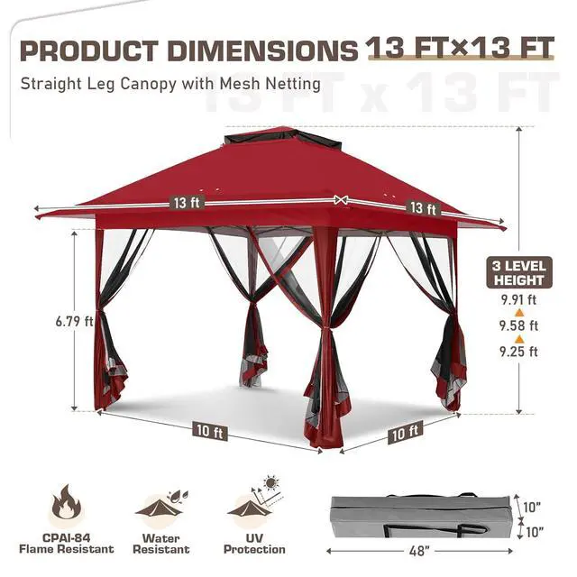 Alt view image 3 of 7 - 13x13 Pop Up Canopy Tent with Mosquito Netting Screen Tent, Auto Extending Eaves 169 Sq Ft of Shade, Easy One-Person Setup Screened Gazebo for Backyard and Patio, Red